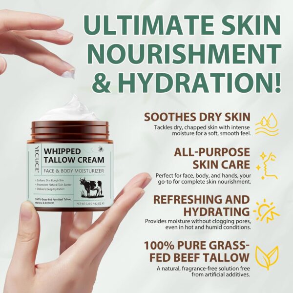 Beef Tallow Skin Care, Organic Beef Tallow Face Cream, Grass Fed Beef Tallow Moisturiser, Natural Beef Tallow for Skin, Whipped Tallow and Honey Balm for Dry Skin Deeply Nourishing for Face & Body