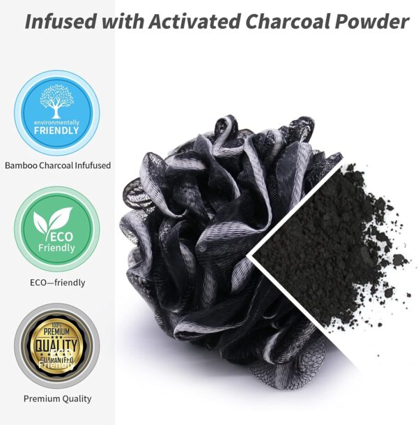 LMSMW Bath Body Poufs 4 Pack - Exfoliating Luffa Sponges for Men Women, Charcoal Shower Mesh Pouf Loofah Sponge Bath Puffs Scrunchie Body Scrubbers Bathing Cleaning Loofahs Lufa Lofa Loffa Pad