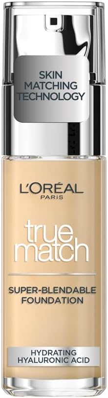 L'Oreal Paris True Match Liquid Foundation, Skincare Infused with Hyaluronic Acid, SPF 16, Available in 40 Shades, 1.W Golden Ivory, 30 ml
