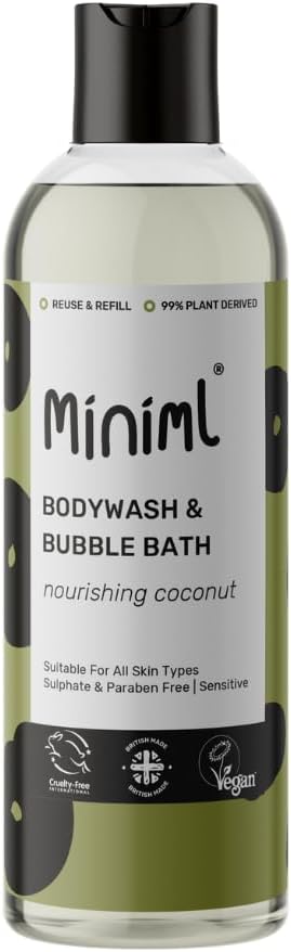 Miniml All Natural Body Wash and Bubble Bath - 500ml Moisturising Coconut Skin Eco Shower Gel Bath Soak - Vegan Friendly High Foam
