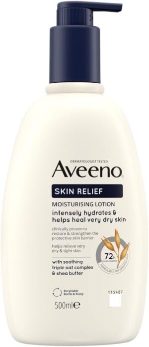 Aveeno Skin Relief Moisturising Lotion, With Soothing Triple Oat Complex & Shea Butter, Suitable For Sensitive Skin, 72-Hour Intense Hydration, Helps Relieve Very Dry and Tight Skin, Unscented, 500ml