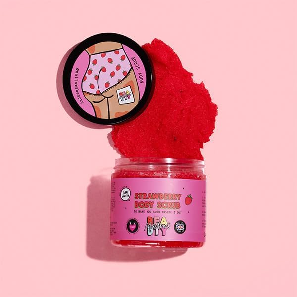 Mallows Beauty Strawberry Body Scrub, Exfoliating Body Scrub, Mixed Sugar and Salt Scrub, Prevents Strawberry Legs, Vegan and Handmade in the UK, 280g