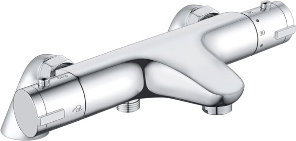 Thermostatic Bath Shower Mixer, Bevankly Exposed Thermostatic Shower Mixer Taps Valve Anti Scald Tap, Deck Mounted Bath Shower Mixer Bar with Anti-Scald Control Valve, Brass, 180mm