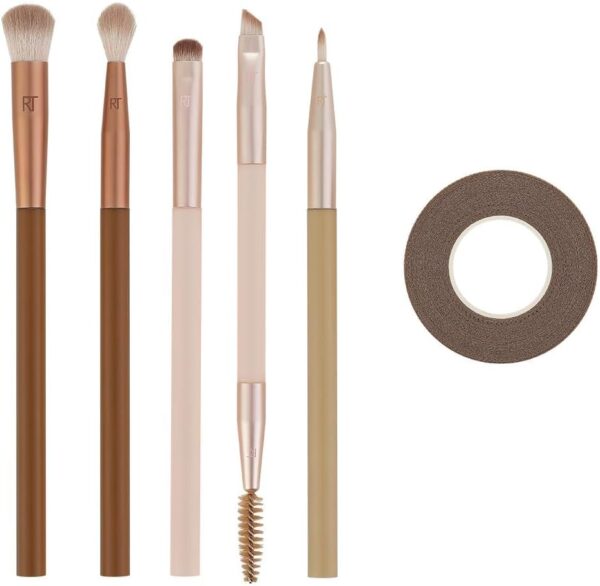 Real Techniques New Nudes Daily Swipe Eye Kit, Makeup Brushes For Eyeshadow, Liner, & Brows, Makeup Tape, For Natural Or Smokey Makeup Look, Synthetic Bristles, Cruelty-Free & Vegan, 7 Piece Set