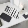 7 Piece Professional Manicure Pedicure Nail Clipper Set Mens & Womens Travel Grooming Kit Includes Eyebrow Scissors, Tweezers, Nail Clippers for fingernail, toenail and Facial Care Black Compact case