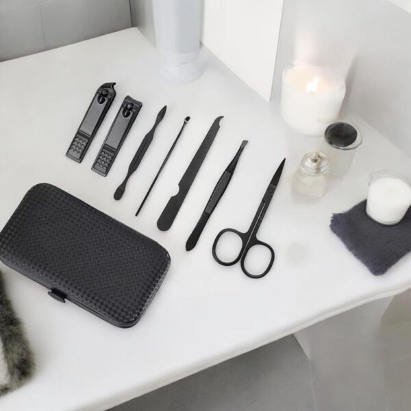 7 Piece Professional Manicure Pedicure Nail Clipper Set Mens & Womens Travel Grooming Kit Includes Eyebrow Scissors, Tweezers, Nail Clippers for fingernail, toenail and Facial Care Black Compact case