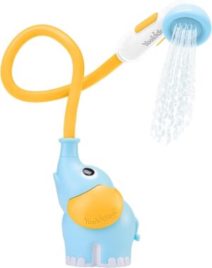 Yookidoo Baby Bath Shower Head - Elephant Water Pump with Trunk Spout Rinser - Control Water Flow from 2 Trunk Knobs in Tub or Sink for Infants and Newborn Babies (Blue and Orange)