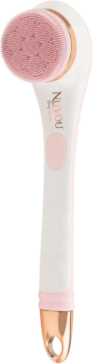 JML NuYou Electric Body Brush - Battery Silicone Body Scrubber with 4 Interchangeable Heads to Cleanse, Massage and Exfoliate - Foot and Back Scrubbers for use in Shower and Bath with Long Handle