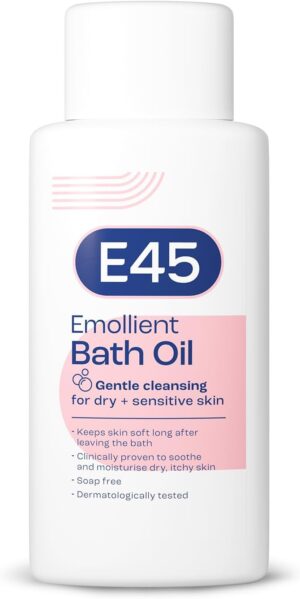 E45 Bath Oil 500 ml – E45 Bath Oil Emollient to Moisturise & Hydrate Dry Skin – Gently Cleanses for Soft Skin – Soap Free & Perfume Free Emollient Bath & Shower Oil Body Wash - Dermatologically Tested