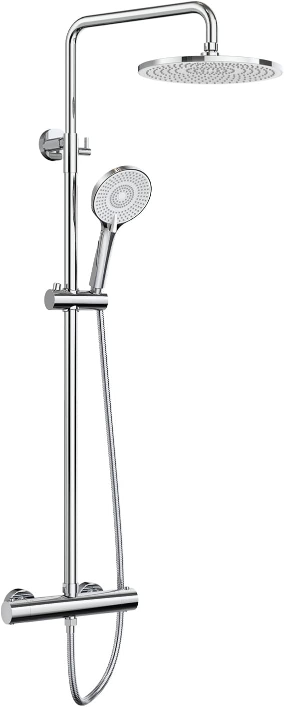 Rainsworth Thermostatic Shower Mixer Set Chrome, 25cm Round Overhead Rainfall Shower, 3 Jet Types Handheld Shower, Height Adjustable Shower Set, Shower System