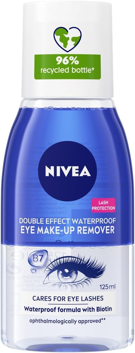 NIVEA Double Effect Waterproof Eye Make-Up Remover (125ml), Daily Use Face Cleanser for Make-Up and Mascara with Cornflower Extract and Biotin