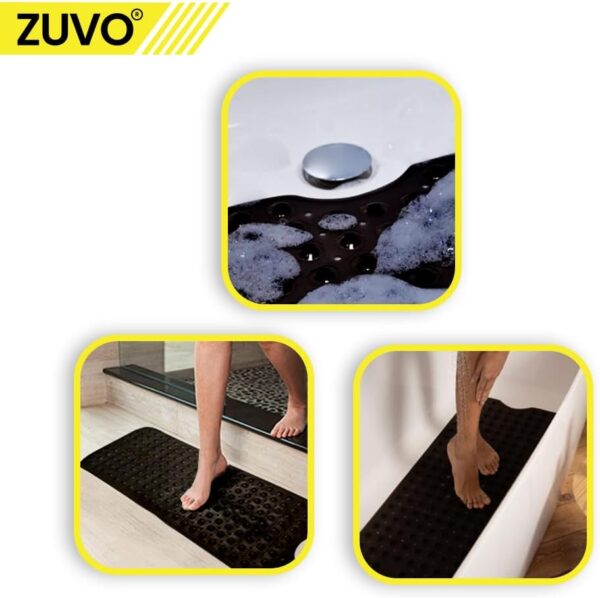 Zuvo Extra-Long Non-Slip Bath Mat (100 x 40 cm, Black) – Anti-Mould, Machine-Washable Shower Mat with Powerful Suction – Ideal for Elderly Kids
