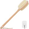 Alyvisun Wooden Back Scrubber for Shower with Long Handle, Dual-Sided Bath Brush Body Scrubber with Stiff and Soft Bristles, Exfoliating Body Brush [Dry and Wet Brushing]