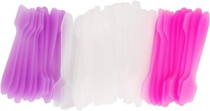 Wopanxye 50pcs Mini Disposable Makeup Spatulas for Face Mask Facial Cream, 50 pack Plastic Tip Mini Cosmetic Spoon Tool for Skincare Mixing, Sampling, Waxing DIY Facial Mask Stick, Clear Pink Purple