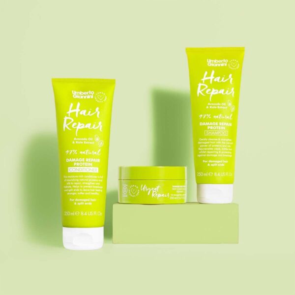 Umberto Giannini Damaged Hair Repair Routine - Shampoo, Conditioner and Urgent Repair Treatment Mask - Hair Kit For Dry & Split Hair - Vegan and Cruelty Free