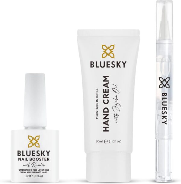 BLUESKY Hand and Nail Care Kit For Damaged Nails, Cuticle Oil Pen, Hand Cream, Nail Growth Booster, 3 Piece Gift Set, Clear