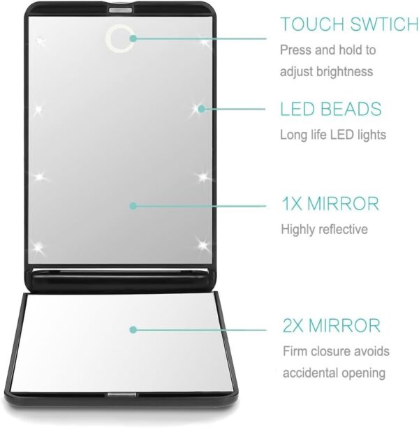 Rantizon Portable Makeup Mirror Dimmable 8 LEDs Lighted Mirror 1X & 2X Magnification Cosmetic Illuminated Handbag Mirror Foldable Double Facettes Pocket Mirror Compact Mirror
