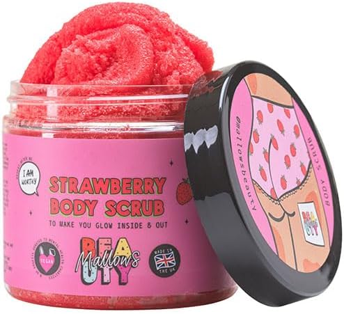 Mallows Beauty Strawberry Body Scrub, Exfoliating Body Scrub, Mixed Sugar and Salt Scrub, Prevents Strawberry Legs, Vegan and Handmade in the UK, 280g
