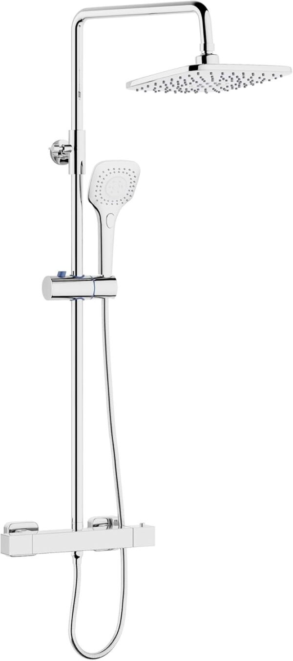 PURAGEIR Shower Mixer Set, Thermostatic Shower Set with 3 Functions Hand Shower, Shower Bar Set with Adjustable 8'' Overhead Rainfall Shower,Square Shape,Chrome