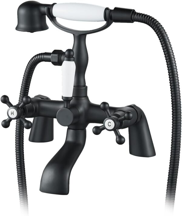 Blcak Victorian Bath Taps with Shower,Luckyhome Traditional 1/4 Turn Dual Lever Bathroom Tub Tap Mixer