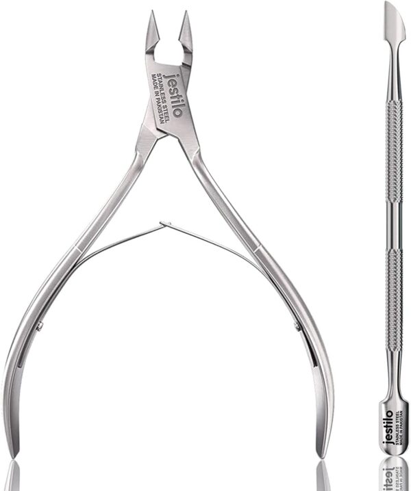 Jestilo Cuticle Remover Tool Set Cutter and Pusher - Stainless Steel Professional Nipper Nail Care Tools Salon Level Mani-Pedi at Home Silver (Silver) (JC-NP-S)