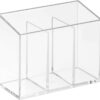 iDesign Makeup Organiser with 3 Compartments, Plastic Makeup Brush Holder for Dressing Table, Makeup Storage for Brushes, Eyeliner, Lipstick and More, Clear