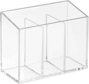 iDesign Makeup Organiser with 3 Compartments, Plastic Makeup Brush Holder for Dressing Table, Makeup Storage for Brushes, Eyeliner, Lipstick and More, Clear