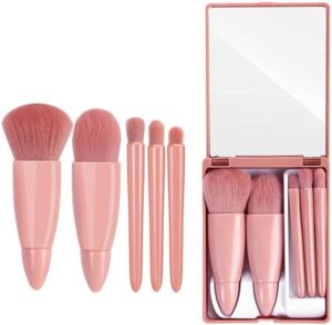 Easy-taken Travel Makeup Brush Set, COSHINE 5pcs Mini Complete Function Cosmetic Brushes Kit (5pcs with mirror)