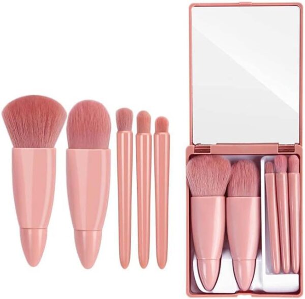 Easy-taken Travel Makeup Brush Set, COSHINE 5pcs Mini Complete Function Cosmetic Brushes Kit (5pcs with mirror)