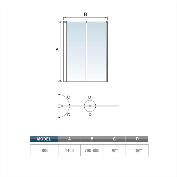 800x1400mm Pivot Shower Bath Screen 2 Fold Folding Bath Shower Screen