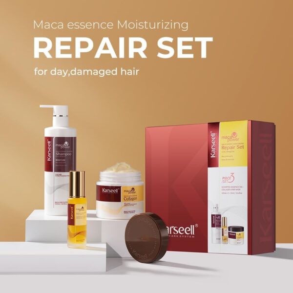 Karseell Maca Essence Moisturizing Repair Set: Collagen Hair Mask 500ml, Shampoo 500ml & Maca Essence Oil 50ml - Argan Oil Treatment for Dry Damaged Hair, All Types