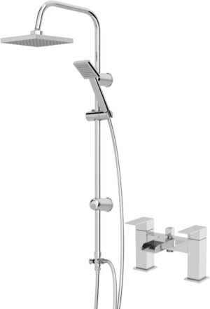 Architeckt® Square Waterfall Bath Shower System Mixer Shower Tap with Modern Square Riser Rail Kit Dual Rainfall Shower Heads Handset