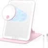 Benbilry Foldable Travel Makeup Mirror with Lights and 20X Magnification, Rechargeable Tabletop LED Vanity Mirror with Adjustable Stand, 3-Colored Dimmable Lighting, Portable Cosmetic Mirror, Pink