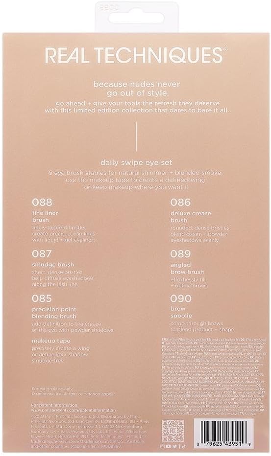 Real Techniques New Nudes Daily Swipe Eye Kit, Makeup Brushes For Eyeshadow, Liner, & Brows, Makeup Tape, For Natural Or Smokey Makeup Look, Synthetic Bristles, Cruelty-Free & Vegan, 7 Piece Set