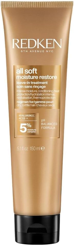 REDKEN All Soft Moisture Restore, Leave In Conditioning Moisture Boost Treatment, For Dry Hair, With Hyaluronic Acid, Hydrates and Adds Definition and Shine, 150 ml