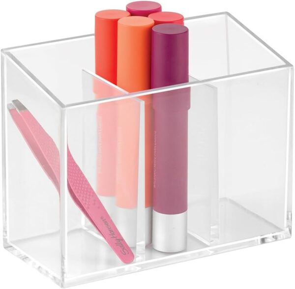 iDesign Makeup Organiser with 3 Compartments, Plastic Makeup Brush Holder for Dressing Table, Makeup Storage for Brushes, Eyeliner, Lipstick and More, Clear