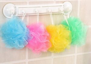 4 Pack Multi-Colour Bath Shower Scrunchie - Exfoliating Mesh Loofah Body Wash Pouf | Bath Sponges for Shower Scrubber | Body Scrubbers & Shower Accessories