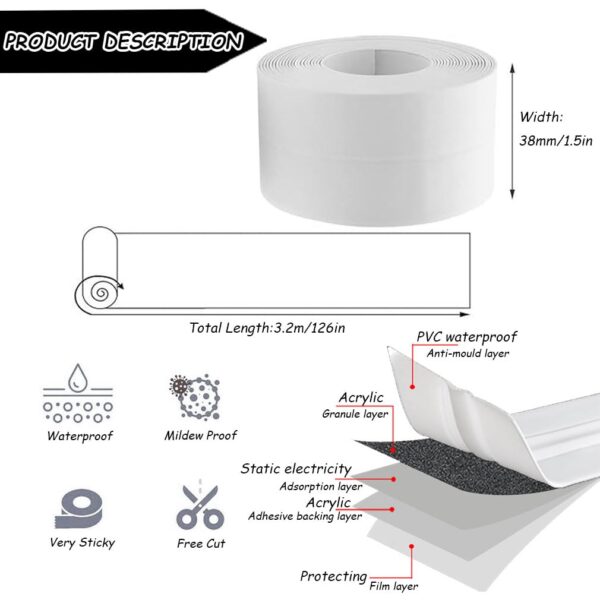 2 Rolls Bath Sealant Strip Self Adhesive, Caulk Strip Sealant Tape, Bathroom Sealant White Waterproof, Sealant Tape for Toilet, Bathtub, Shower, Wall Corner, Kitchen with Sealing Tool