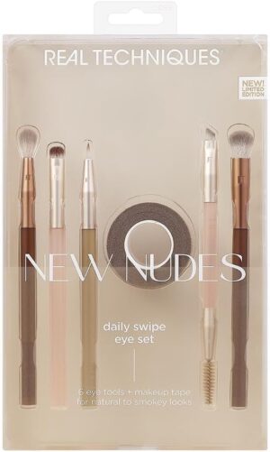 Real Techniques New Nudes Daily Swipe Eye Kit, Makeup Brushes For Eyeshadow, Liner, & Brows, Makeup Tape, For Natural Or Smokey Makeup Look, Synthetic Bristles, Cruelty-Free & Vegan, 7 Piece Set