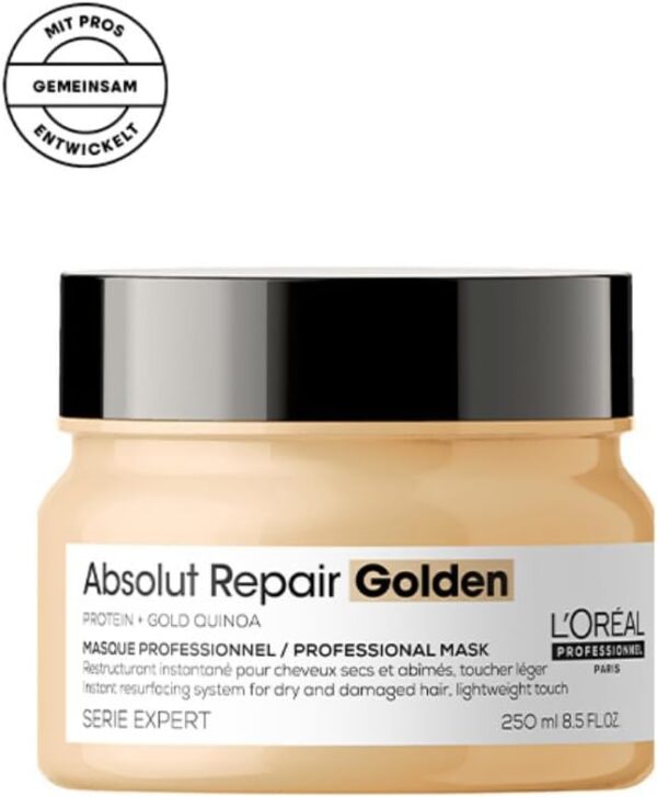 L'Oréal Professionnel Repairing Hair Mask for Damaged and Dry Hair, with Quinoa, Series Expert, Absolut Repair Gold Mask, 250 ml