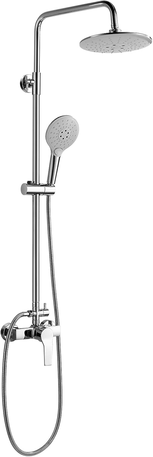 Coleniny Shower System with Diverter Chrome, Shower Mixer Set with 21cm Round Overhead Rainfall Shower Head, 3-Function Handheld Shower, Riser Rail, Adjustable Height Anti Scald Shower Set