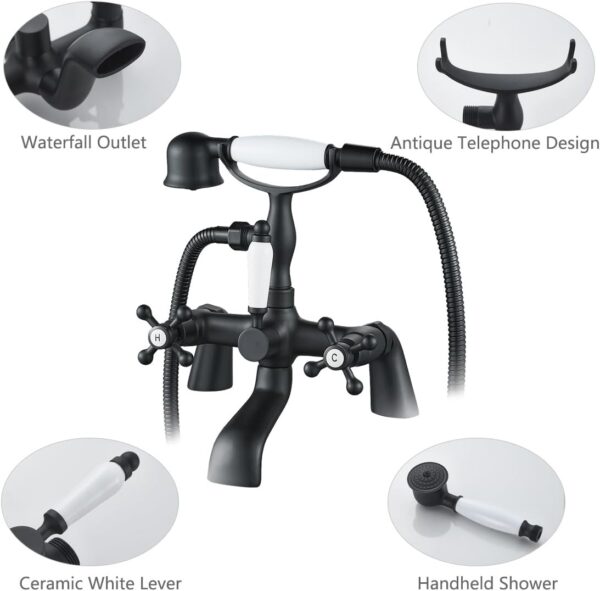 Blcak Victorian Bath Taps with Shower,Luckyhome Traditional 1/4 Turn Dual Lever Bathroom Tub Tap Mixer