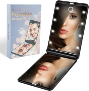 Rantizon Portable Makeup Mirror Dimmable 8 LEDs Lighted Mirror 1X & 2X Magnification Cosmetic Illuminated Handbag Mirror Foldable Double Facettes Pocket Mirror Compact Mirror
