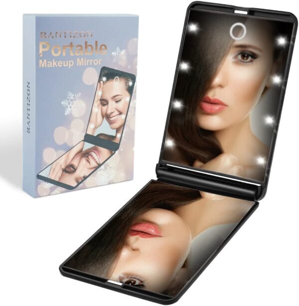 Rantizon Portable Makeup Mirror Dimmable 8 LEDs Lighted Mirror 1X & 2X Magnification Cosmetic Illuminated Handbag Mirror Foldable Double Facettes Pocket Mirror Compact Mirror