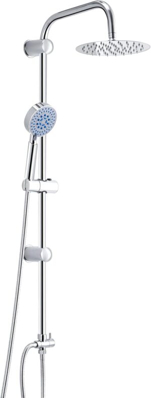Youyijia Shower Riser Kit Shower Mixer Twin Head Shower Set Bathroom Square Mixer with Handheld Shower and 8" Square Overhead Adjustable Rainfall Shower Taps and Hose Chrome Plated Kit (Round)