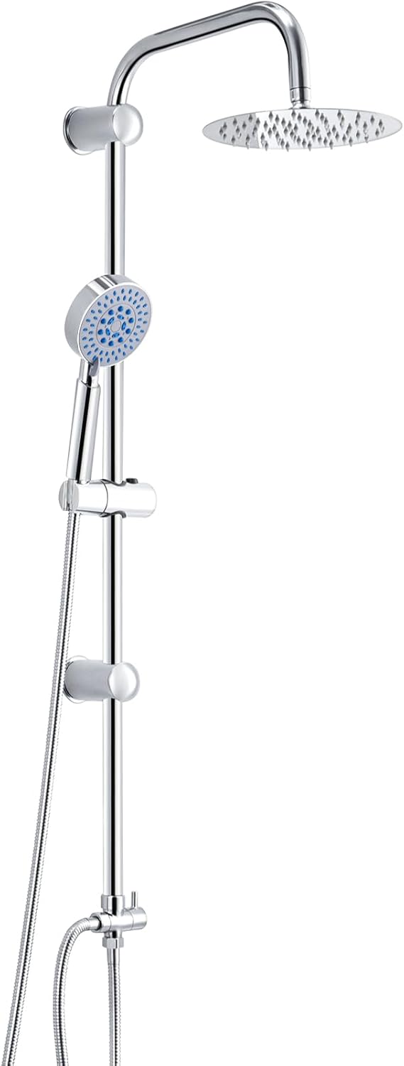 Youyijia Shower Riser Kit Shower Mixer Twin Head Shower Set Bathroom Square Mixer with Handheld Shower and 8" Square Overhead Adjustable Rainfall Shower Taps and Hose Chrome Plated Kit (Round)