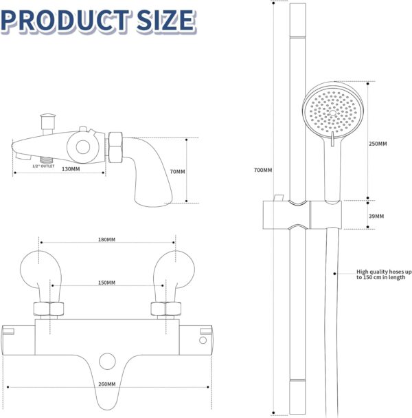 MORADO Thermostatic Bath Shower Mixer Tap Set,Bathtub Shower Mixer Tap with with Shower Riser Kit,(1x Hand Shower,1x Shower Rail 70cm, 1x Shower Hose 1.5m,1x Deck Mounted Bath Shower Tap),Chrome