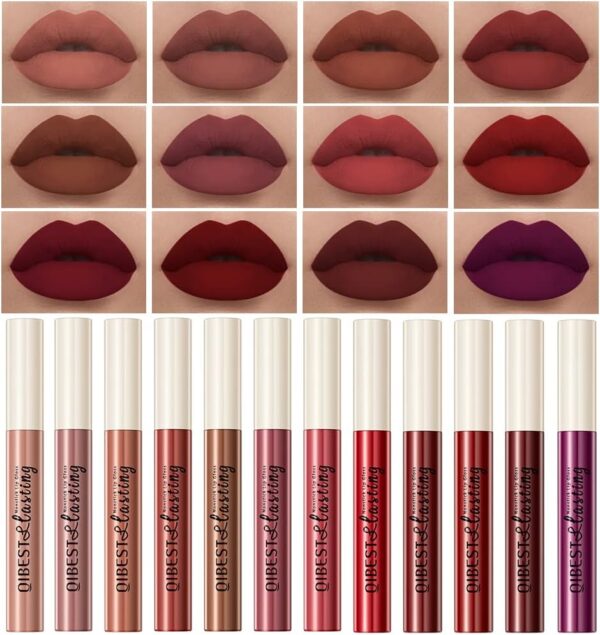 HQDA 12 Colors Matte Liquid Lipstick Set Velvety Lip Gloss Lip Kit Waterproof Long Lasting Wear Durable Nude Lip Gloss Beauty Cosmetics Gift Box Set (Set A), Pack Of 1