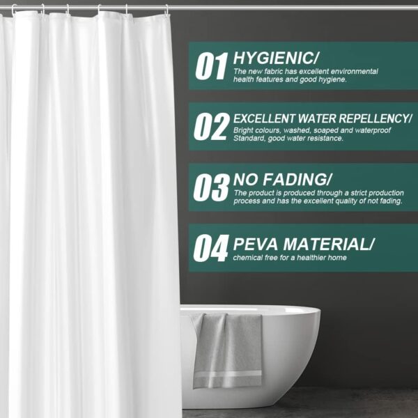 URAQT Shower Curtain Anti Mould, Waterproof PEVA Bath Curtains, Mildew Resistant Bathroom Shower Curtains with 12 Hooks, Plain Colors Bathtub Curtains for Bath Tub Shower Stall, 180 x 180 cm, White
