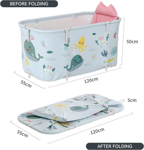 Warmiehomy Portable Foldable Bathtub for Adults,120X50X55cm Freestanding Soaking Bathtub with Cushion and Backrest,Hot Bath Ice Bath SPA Tub for Shower,Folding Bathtub for Adults Kids,Ocean Style